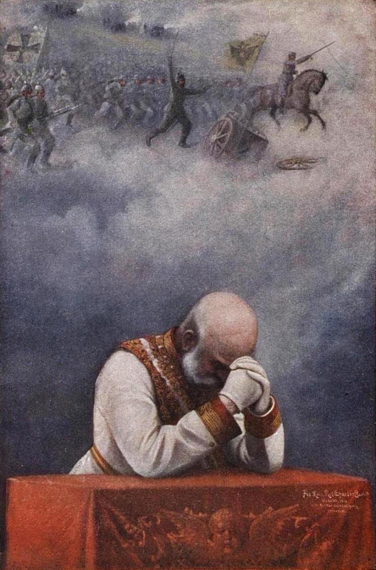 L'Imperatore Francesco Giuseppe I in preghiera per la vittoria dell'Austria nella Prima Guerra Mondiale, cartolina postale, 1915 (Austrian Post AG, Vienna).
