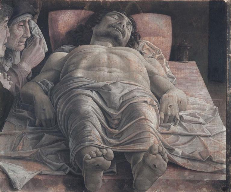 Andrea Mantegna, Cristo morto nel sepolcro e tre dolenti, 1483 circa. Milano, Pinacoteca di Brera.