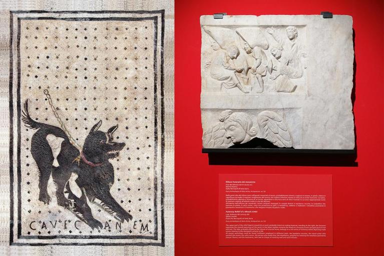Mosaico raffigurante un cane con inserita la scritta CAVE CANEM (attenti al cane). I secolo d.C. Pompei, Casa del Poeta Tragico (Regio VI, Insula 8, nº 5) / Rilievo funerario del mosaicista. Fine del III/inizio del IV secolo d.C. Parco Archeologico di Ostia Antica, Antiquarium, inv. 132.