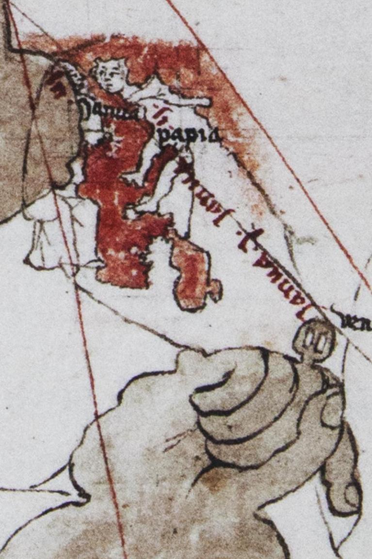 Opicino de Canistris, carta Vaticanus latinus (6435,f.53v.), particolare di Europa in procinto di nascere per parto cesareo. Biblioteca Apostolica Vaticana, Città del Vaticano.