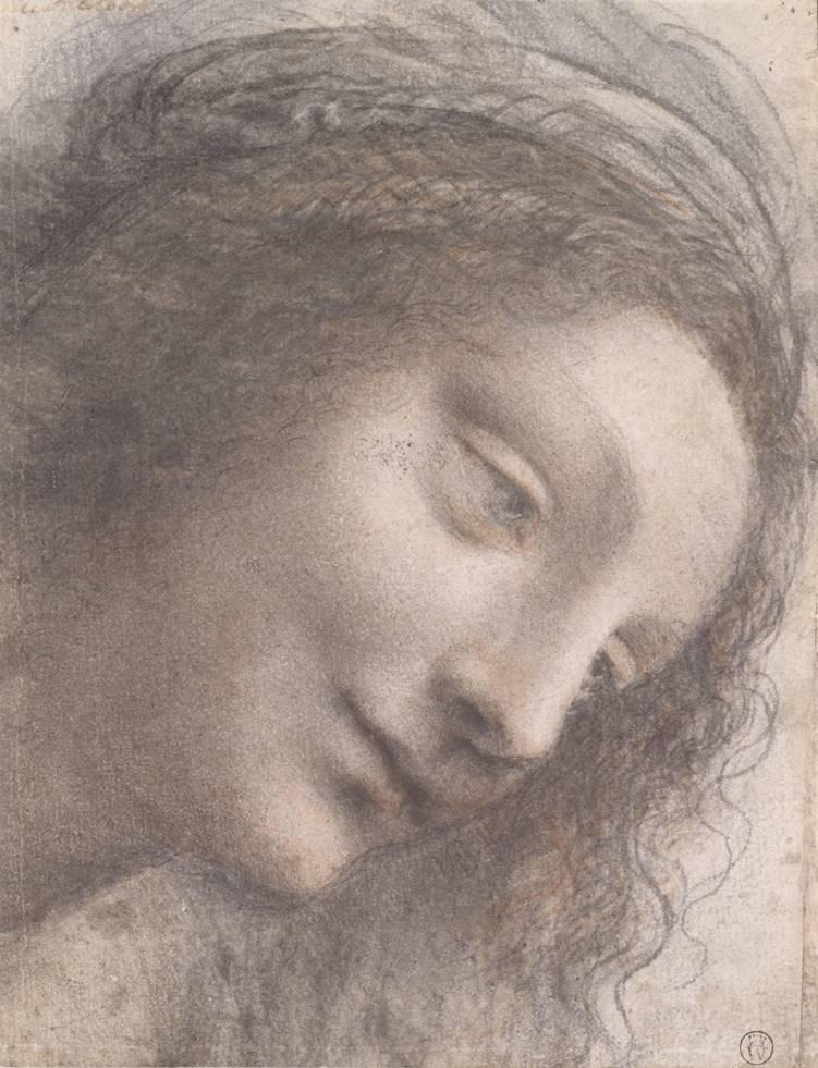 Leonardo Da Vinci, Studio per la testa della Vergine, gessetto nero, carboncino, gessetto rosso, con tracce di gessetto bianco, 1508-10 circa. New York, Metropolitan Museum of Art, inv. 51.90.