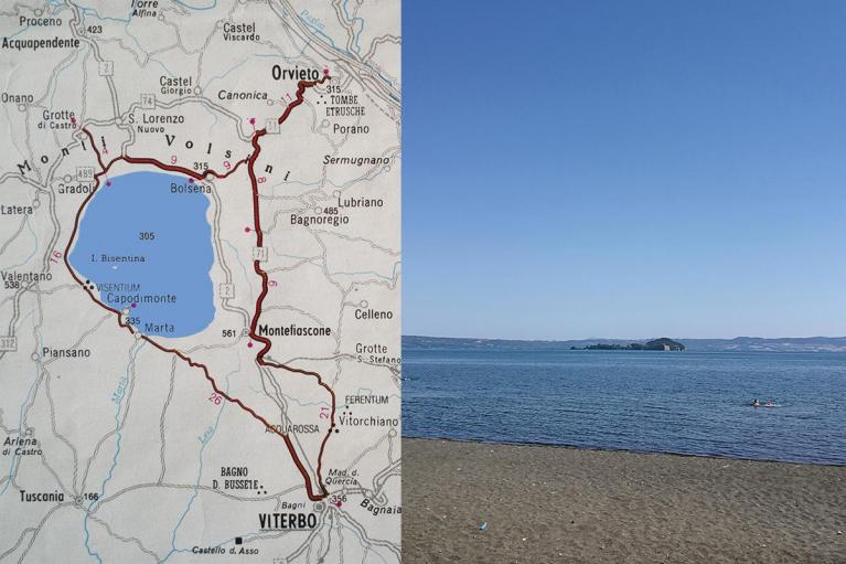 L’itinerario che circonda il lago di Bolsena / Veduta dell’isola Bisentina da Capodimonte.