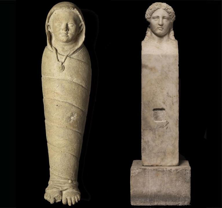 Ex-voto a forma di bambino in fasce, da Vulci (deposito votivo della Porta Nord), II sec. a.C. / Erma romana con testa di Apollo Ariadne, II secolo d.C. Collezione privata.