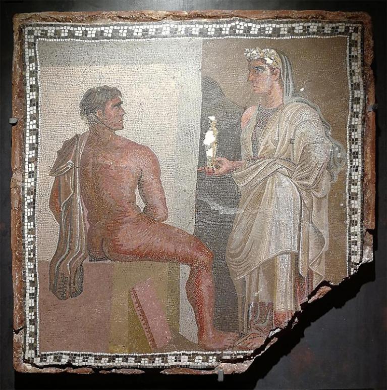 Emblema policromo con Oreste e Ifigenia. Fine del II/inizio del III secolo d.C. Roma, Musei Capitolini, Antiquarium, AC 4984.