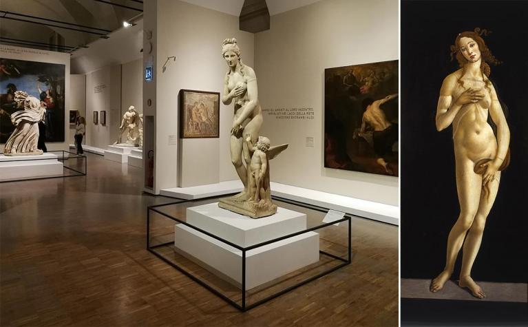 Veduta della quarta sala con Statua di Afrodite pudica, II secolo d.C. Firenze, Gallerie degli Uffizi accostata alla Venere pudica di Alessandro Filipepi detto Sandro Botticelli, 1485-1490 circa, Torino, Musei Reali – Galleria Sabauda.