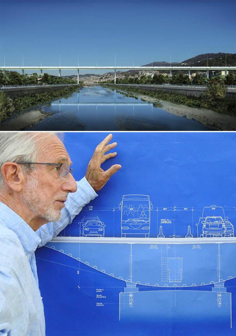 Renzo Piano, progetto per il nuovo Ponte di Genova, 2018. Rendering e disegni illustrati dall’autore.