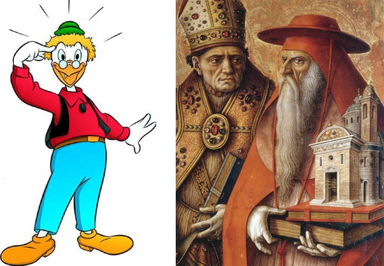 Giro Girlolamo (Archimede Pitagorico) personaggio inventato negli anni Cinquanta da Carl Barks / Carlo Crivelli, dettaglio dei Santi Ansovino e Girolamo, post 1490. Scomparto destro del Polittico del Duomo di Camerino. Venezia, Gallerie dell’Accademia.