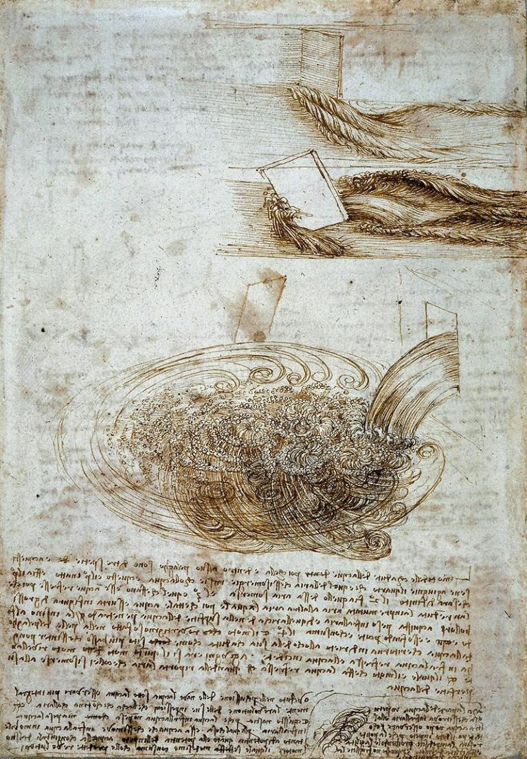 Leonardo Da Vinci, Studi sulle turbolenze dell’acqua, gessetto nero, penna e inchiostro, 1510-12 circa. Windsor Castle, Royal Library, RCIN 912660v.
