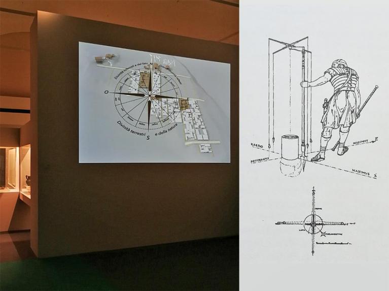 Ipotesi di applicazione del templum coeleste alla planimetria di Marzabotto. Animazione 3D realizzata dall’Università di Bologna per la mostra Etruschi. Viaggio nella terra dei Rasna. Bologna, Museo Civico Archeologico / Ricostruzione dell’agrimensore romano al lavoro. Nella tesi sostenuta da Rikwert, lo strumento utilizzato per l’orientamento (gnomon) rappresenta per l’agrimensore ciò che il templum era per l’augure. Il disegno è tratto da P. Frigerio, Antichi strumenti tecnici, Como 1933.