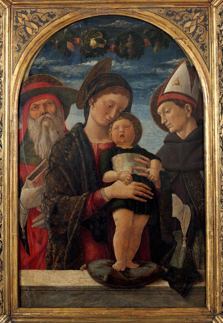 Andrea Mantegna, Madonna con il Bambino e santi Gerolamo e Ludovico di Tolosa, 1453-1454 circa. Parigi, Institut de France, Musée Jacquemart-André.