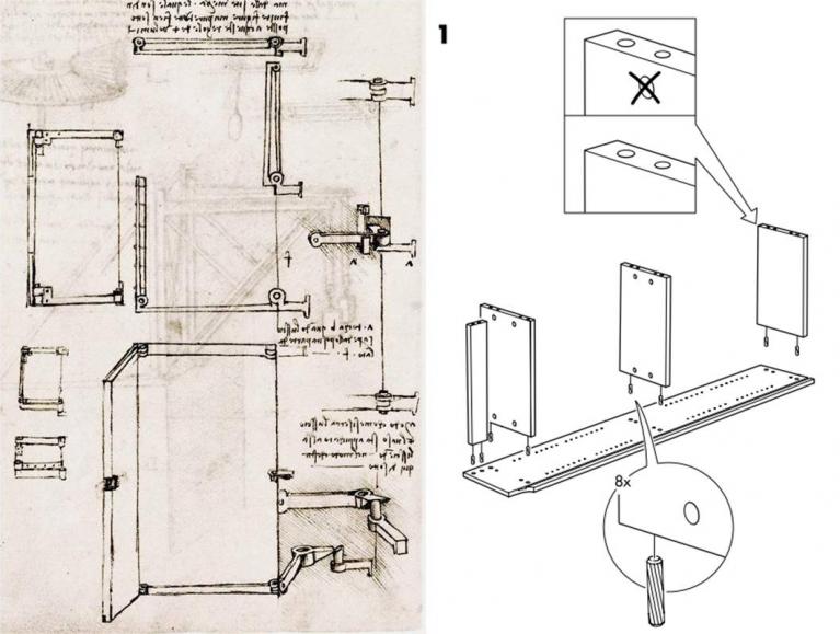 Leonardo Da Vinci, Cardini e porta con apertura angolare, penna e inchiostro, 1493-97. Madrid, Biblioteca National de España, Codice di Madrid I, f. 96v / Pagina tipica delle istruzioni per il montaggio dei mobili Ikea.