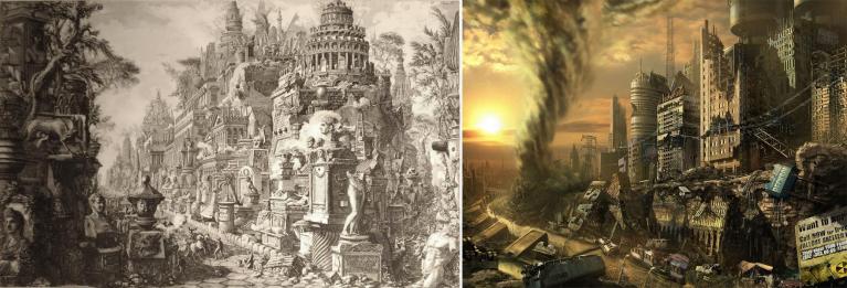 Giovan Battista Piranesi, Veduta ideale del bivio tra la via Appia e Ardeatina tratta da Le Antichità Romane, 1756 - Illustrazione Urban Fantasy pubblicata in rete.