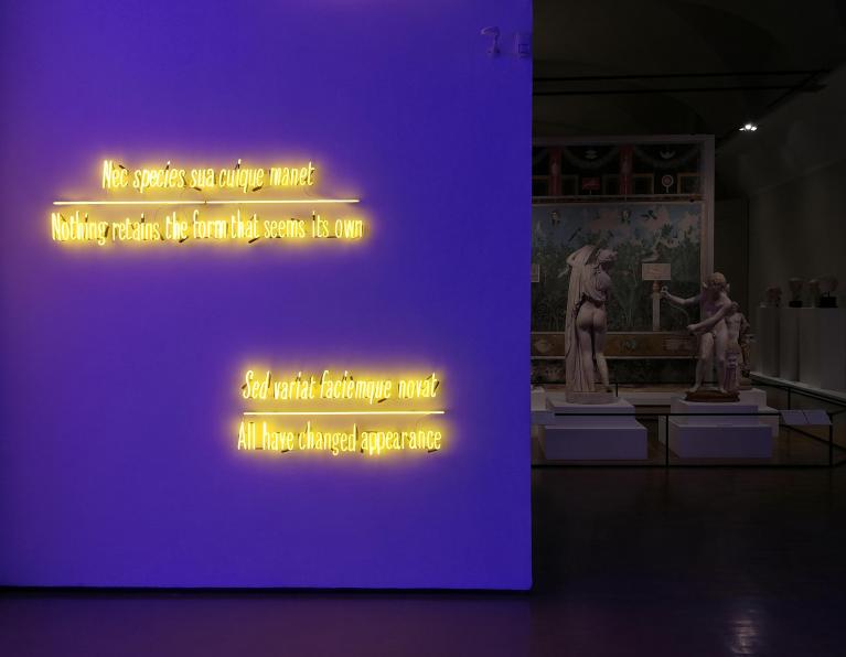 Veduta della prima sala con in primo piano l’opera Maxima Proposito (Ovidio) dell’artista contemporaneo Joseph Kosuth, 2017, collezione Alessadro Maccaferri, Bologna e collezione Donatelli, Pescara.