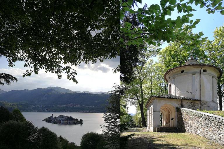 Isola di San Giulio vista dal Sacro Monte di Orta / Veduta di una delle venti cappelle del Sacro Monte, che illustrano con opere scenoplastiche gli episodi della vita di San Francesco a (1591-1795).