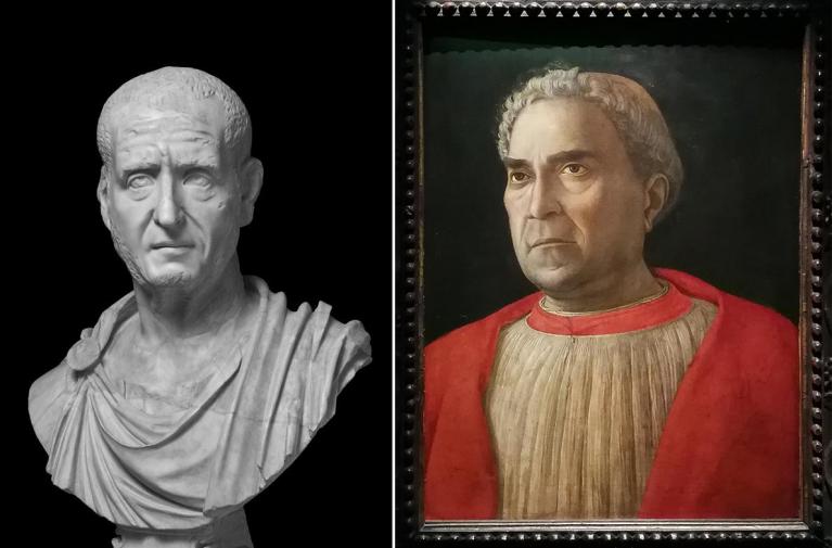 Ritratto di Decio, 249 circa. Roma, Musei Capitolini / Andrea Mantegna, Ritratto del cardinale Ludovico Trevisan, 1459-1460 circa. Berlino, Staatliche Museen zu Berlin, Gemäldegalerie.