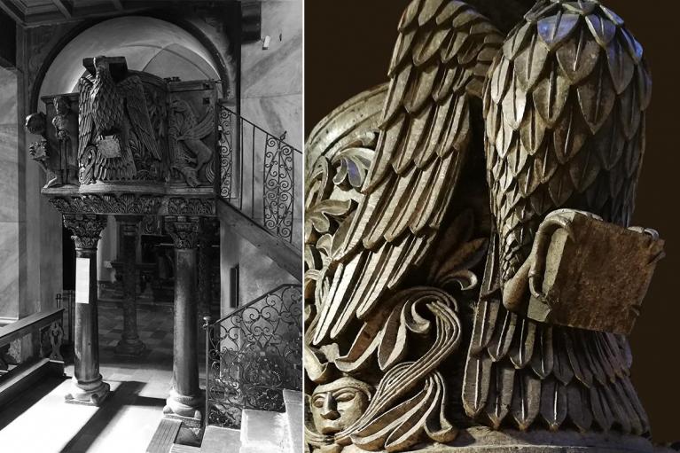 Ambone del XII secolo (primo quarto) in marmo serpentino grigio-verde di Oira (riva occidentale del lago d’Orta). Sul parapetto, da sinistra verso destra in senso antiorario i simboli dei quattro evangelisti: bue (san Luca), angelo (san Matteo), leone alato (san Marco) e aquila (san Giovanni), alternati a scene di lotta tra il bene e il male / Particolare con san Giovanni rappresentato da un'aquila che artiglia un codice.
