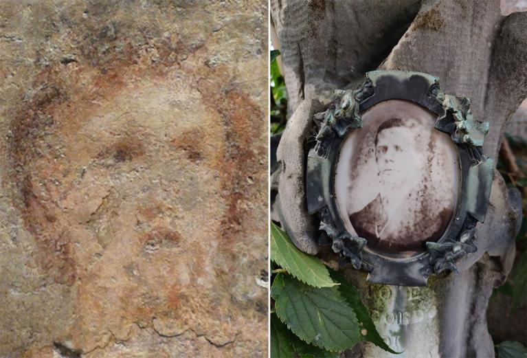 Affresco con Io, Argo e Mercurio (particolate della testa di Io), 69-79 d.C. Napoli, Museo Archeologico Nazionale – Ritratto in fotoceramica applicato a una lapide del cimitero di Orta San Giulio. Fotografia scattata da Mauro Zanchi.