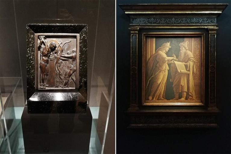 Donatello, Martirio di San Sebastiano, 1450-1452 circa. Parigi, Institut de France, Musée Jacquemart-André / Andrea Mantegna, Donna vestita all’antica e vecchio in panni orientali (Sibilla e profeta?), 1495. Cincinnati, Cincinnati Art Museum, Bequest of Mary M. Emery.