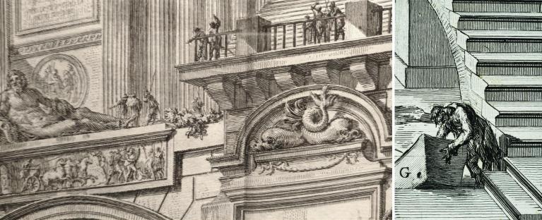 Giovan Battista Piranesi, dettaglio tratto da Porto monumentale (Opere Varie, tomo I, 1750) - Giovan Battista Piranesi, dettaglio tratto da Veduta interna di Camera del Colombario (Antichità Romane, tomo III, 1756), foto di Andrea Jemolo.
