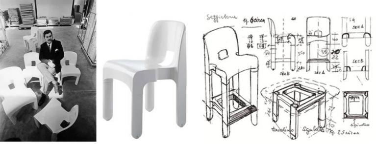 Joe Colombo fotografato seduto sulla 4867; la 4867 e i suoi disegni di progetto.