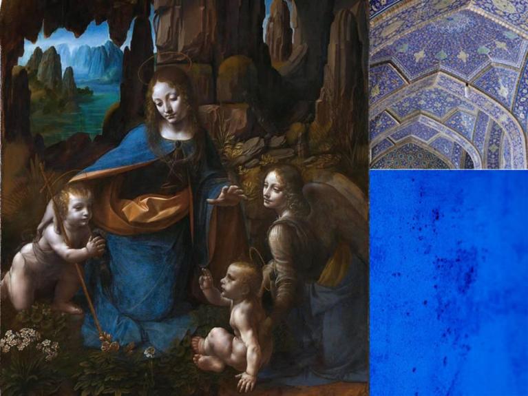 Leonardo da Vinci, La vergine delle rocce, 14831486, Musée du Louvre, Parigi; Motivi geometrici della Moschea del Venerdì di Isfahan, Iran, dettaglio della cupola; Yves Klein, Blue.