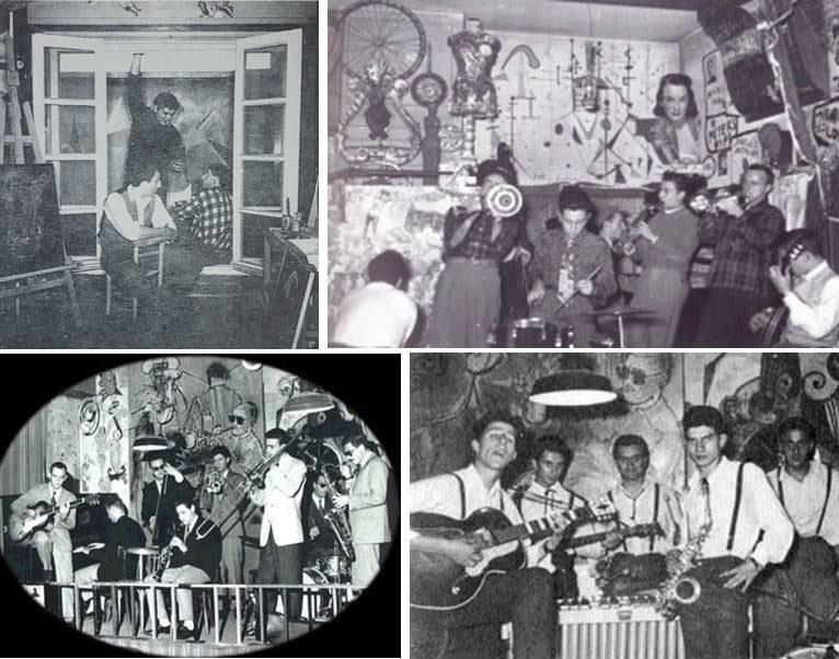 In alto a sinistra: Milano. Enrico Baj, Joe Colombo e Sergio Dangelo nello studio di Via Teuliè, 1952; Artethusa, un momento musicale, sullo sfondo le decorazioni di Enrico Baj, di Sergio Dangelo e di Joe Colombo, 1951. In basso. Anni Cinquanta. Lino Patruno e la sua band al Santa Tecla, sullo sfondo le decorazioni di Enrico Baj, di Sergio Dangelo e di Joe Colombo. A destra: Giorgio Gaber, Paolo Tomelleri, Gianfranco Reverberi, Luigi Tenco e Rolando Ceragioli, al Santa Tecla.