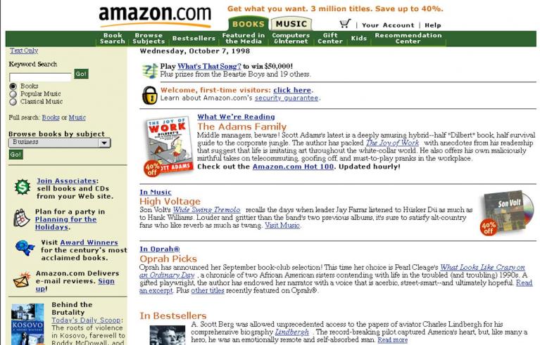 Una homepage di Amazon del 1998.