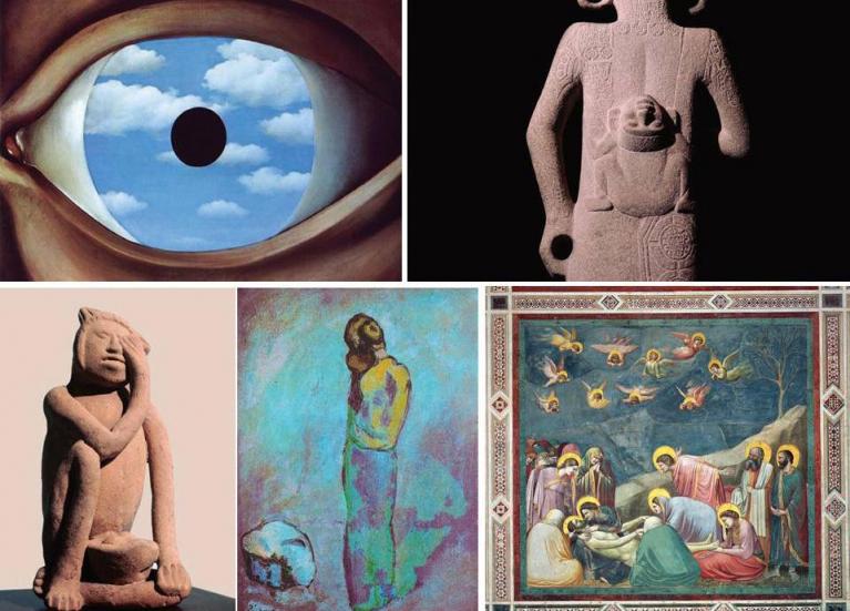 René Magritte, Il falso specchio, 1929; scultura messicana del 900 d.C. con bimba che guarda in su; Donna piangente, statuetta maya databile tra il 600 e il 900 d.C.; Pablo Picasso, Mère et enfant, 1902; Giotto, Compianto, 1305 circa (affresco), Padova, Cappella Scrovegni.