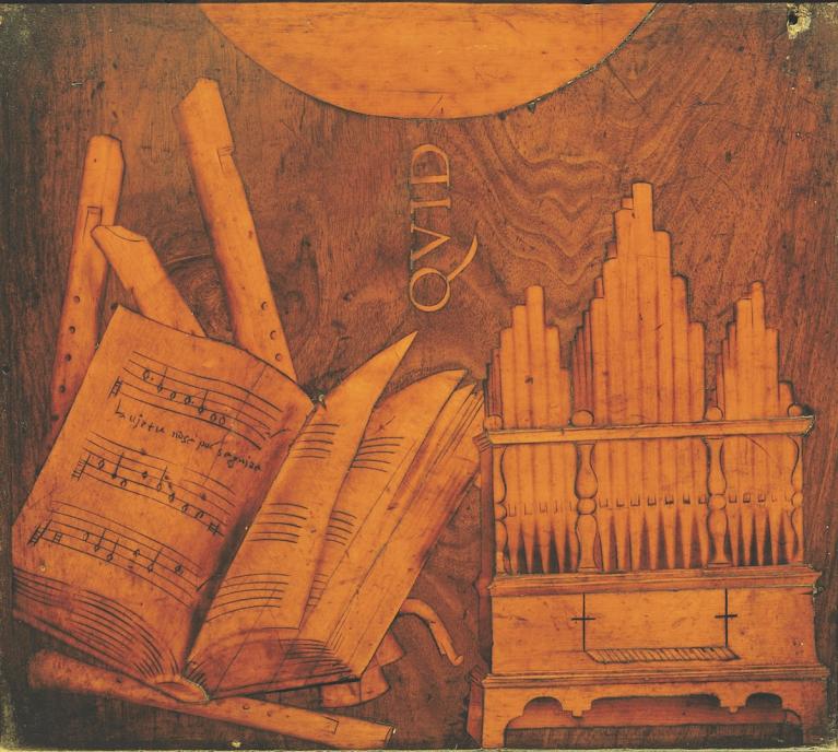 Lorenzo Lotto, Strumenti musicali e simboli, 1525, Bergamo, Basilica di Santa Maria Maggiore.