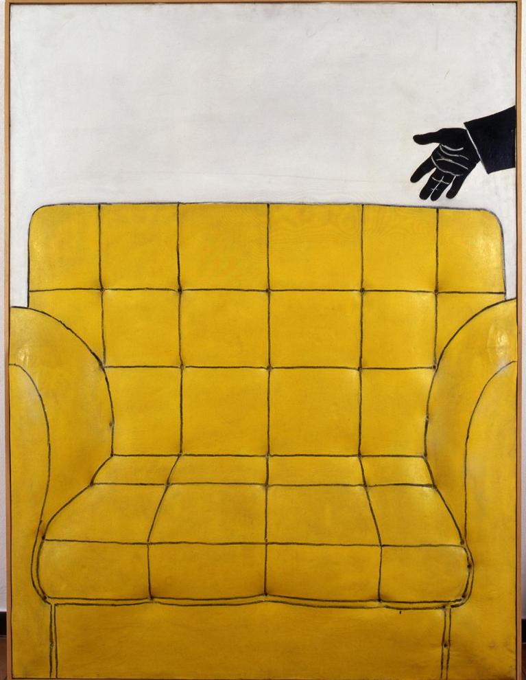 Poltrona gialla, 1964, Pittura su tela e rilievo (smalto, pastello, tela, chiodi, capoc, legno), cm 160x120, Collezione privata, Foto Archivio Galleria d’Arte Niccoli, Parma.
