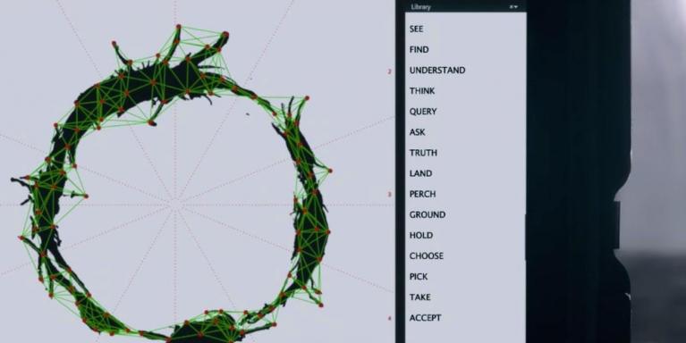 Con l'aiuto dei computer si ricostruisce il significato dei logogrammi, che gli alieni compongono contestualmente: la sintassi è frutto di una concezione temporale non lineare.