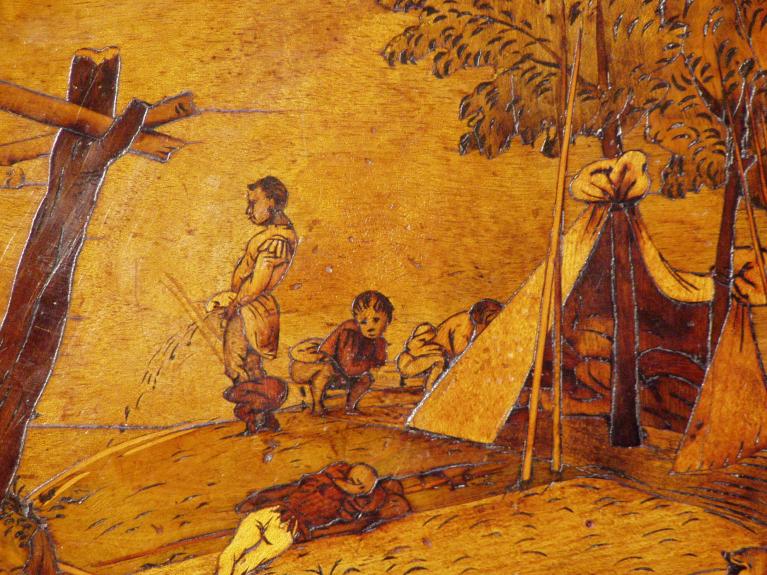 Particolare dei soldati che urinano e defecano, Bergamo, Basilica di Santa Maria Maggiore.