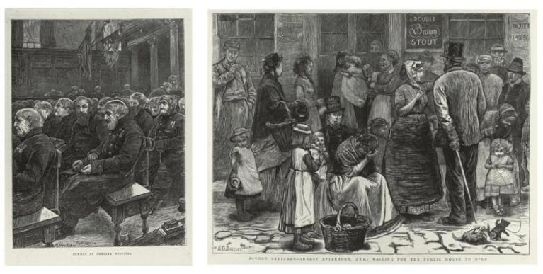 Da sinistra: Hubert von Herkomer, ‘Sunday at Chelsea Hospital’, Graphic, 18 February 1871; Edward Gurden Dalziel, ‘Sunday Afternoon 1.00pm, Waiting for the Public House to Open’, Graphic, 10 Gennaio 1874, Amsterdam, Van Gogh Museum, Vincent van Gogh Foundation.