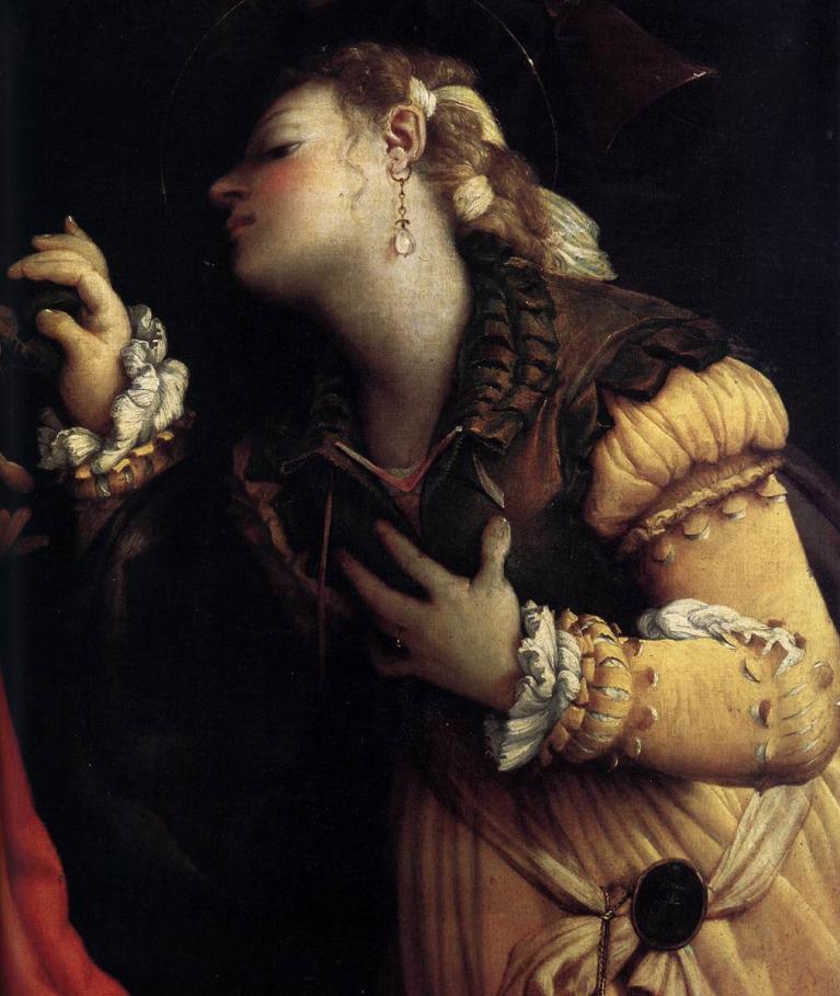 Lorenzo Lotto, Nozze mistiche di Santa Caterina d'Alessandria e santi, 1524, particolare, Con amor sulla bilancia nel cammeo, Roma, Palazzo Barberini.