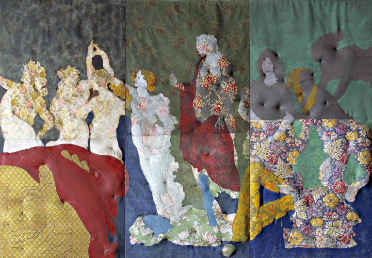 La primavera allegra, 1965 Pittura su tessuto stampato e rilievo (smalto, pastello, pennarello, 6 diverse stoffe cinque stampate e una tinta unita, filo per cucire, chiodi, capoc, cerniere metalliche, legno), tre elementi, misure complessive, cm 210x301x8. Collezione Maramotti, Reggio Emilia.