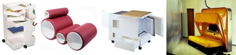 Carrello Boby, 1967; Tube Chair, 1969; mini-kitchen, 1963/64; Cabriolet Bed, 1969.