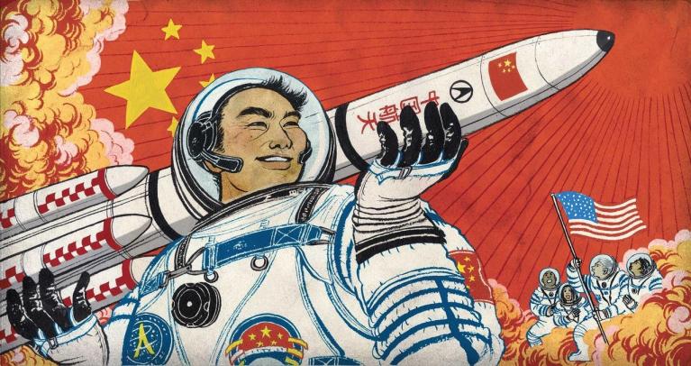 China’s Race to Space Domination, la corsa allo spazio cinese in un'illustrazione di Yuko Shimizu per Popular Science, ottobre 2016. L'illustrazione e i font ricreano le movenze di un poster di propaganda.