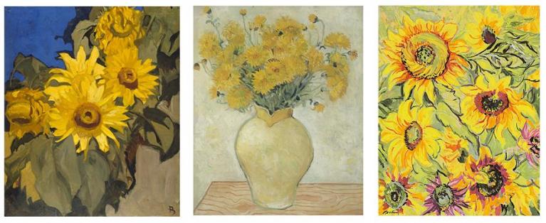 Da sinistra: Frank Brangwyn, Sunflowers, © The Estate of Frank Brangwyn/Bridgeman Images; Jacob Epstein, Sunflowers, 1933, © The estate of Sir Jacob Epstein; Christopher Wood, Yellow Chrysanthemus, 1925, Mr. Benny Higgins & Mrs Sharon Higgins.