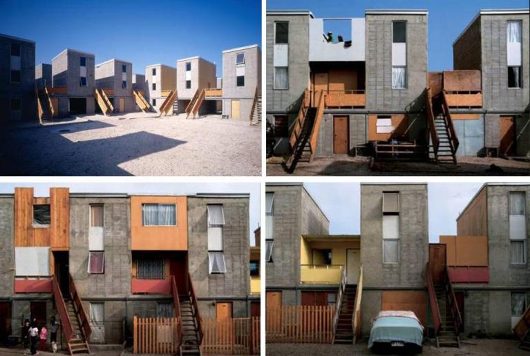 Alejandro Aravena, social housing, progetto di open building Quinta Monroy, a Iquique, Cile, 2004. In alto a sinistra foto fatta al termine del cantiere, nelle altre foto varie riconfigurazioni con modifiche apportate dagli abitanti.