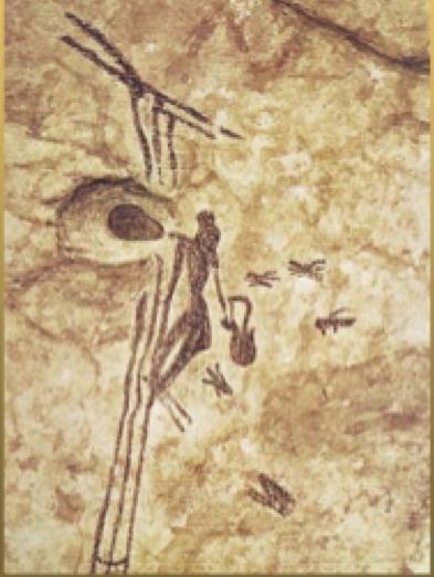 Cueva de la Arana, Bicorp, Spagna. Pittura rupestre di 8000 anni fa. Un uomo raccoglie il miele.