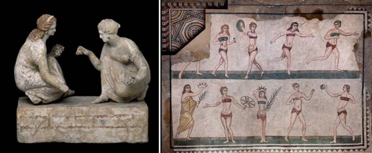 Giocatrici di astragali, terracotta, 340-330, a.C. proveniente da Capua, Londra, British Museum; Piazza Armerina, Villa del Casale, (stanza a S sul peristilio, 12), mosaico con ragazze in bikini intente a giocare, 350 d.c. ca.