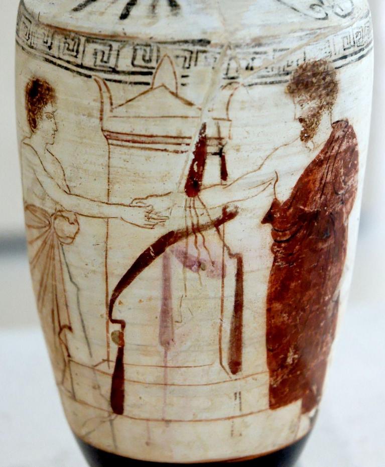 Attic white ground red figure lekythos, artist unknown, late 5th century b.C.