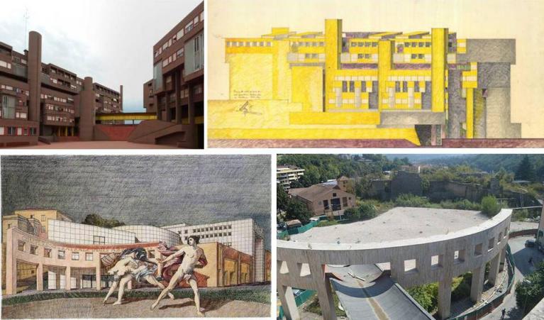 Carlo Aymonino. In alto: Milano, una veduta del complesso edilizio Monte Amiata al Quartiere Gallaratese, 1970-1972; Prospetto dell’edificio A1, del quartiere Gallaratese, 1971-1972, matita e pennarelli su carta, cm 49x91,5. In basso: Avellino, Teatro Gesualdo, prospettiva disegno preliminare, 1987, copia colorata; una veduta aerea dei propilei del teatro.