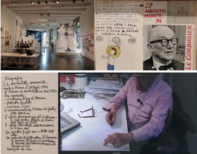 Carlo Aymonino. In alto: uno scorcio della mostra a lui dedicata da Triennale; una pagina di un suo Quaderno Rosso, in ricordo della morte di Le Corbusier. In basso: una pagina di un Quaderno Rosso con la sua autobiografia; un fotogramma della video intervista sul tema della città, in cui lui traccia la forma della sua città ideale, una retta, corrispondente all'odierna via del Corso, tra Piazza del Popolo e il Campidoglio, ovvero il centro di Roma.