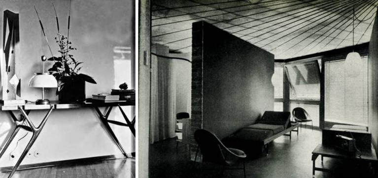Tavolo mensola con i puntali in ottone del 1947; Soggiorno della Casa per vacanze, Como, mostra Colori e forme nella casa d’oggi, 1957, con la poltrona Conca, 839, 1955, Cassina.