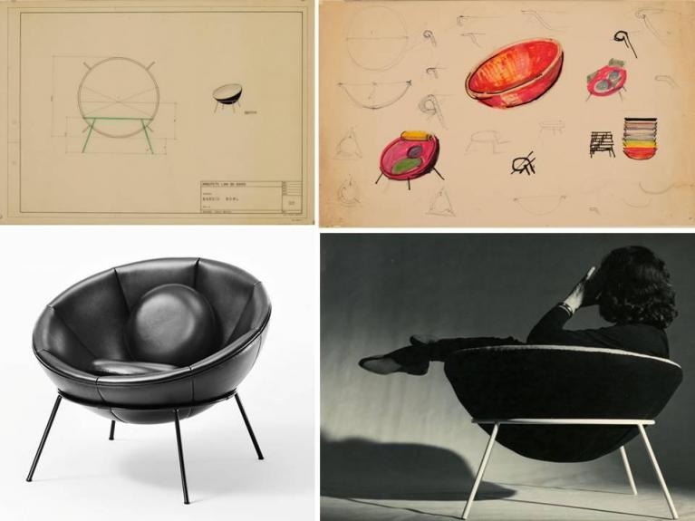 Lina Bo Bardi, Bowl chair, 1951. Sopra: disegni di progetto. Sotto: veduta della poltroncina e Lina stessa seduta su uno dei due esemplari realizzati per la sua casa di San Paolo, in una foto di Francisco Albuquerque.