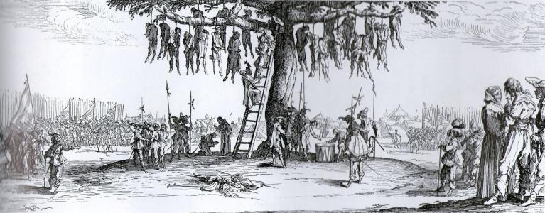Jacques Callot “ L’albero degli impiccati” (https://www.welt.de/geschichte/article172023670/Dreissigjaehriger-Krieg-Religion-fungierte-vor-allem-als-Brandbeschleuniger.html).