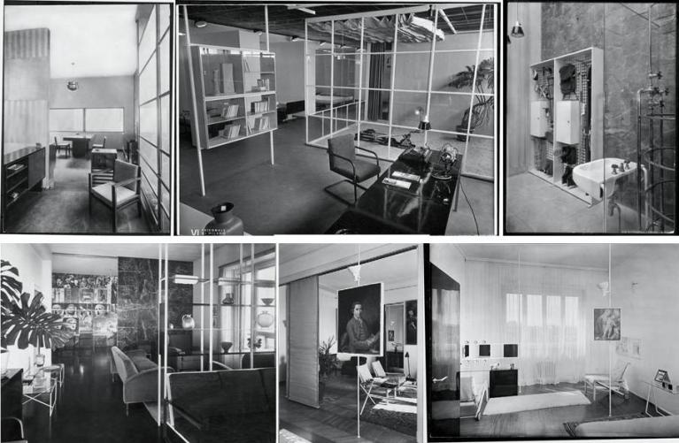 In alto: veduta dell’interno del Padiglione Masonite, Milano Fiera Campionaria, 1932; Mostra dell’Abitazione, Milano, VI Triennale, 1936; Stanza per Uomo, Milano, VI Triennale, 1936. In basso: Arredamento di Casa Minetti, Milano, 1936; Arredamento di Casa Albini, Milano, Via Cimarosa, 1937-38; Arredamento di Casa Albini, Milano, Via De Togni, 1940.