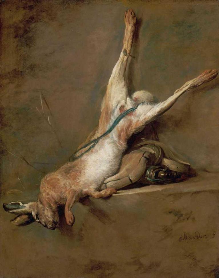 Chardin, Lepre morta con sacca per polvere da sparo e carniere.