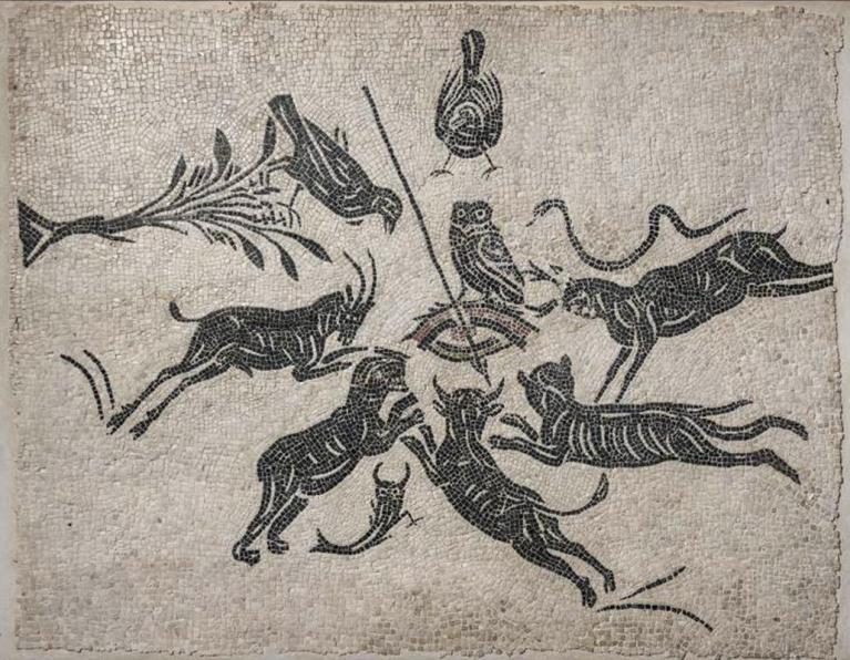 Mosaico bianco nero con scena di malocchio. Metà del II sec. d.C. Roma, Musei Capitolini, Antiquarium, AC 4951.